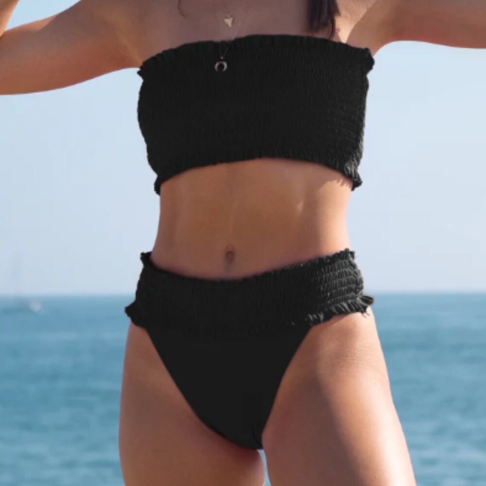 Solid Black Smocked Stringy Selvedge Bikini Set